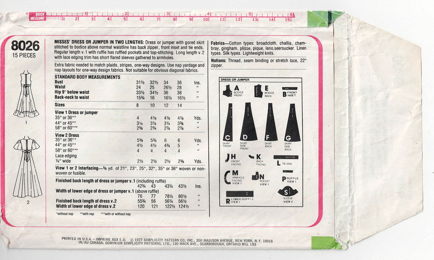 Patrón de costura vintage de los años 70 Simplicity 8026 para vestido largo con mangas abullonadas y vestido tipo jersey de cintura alta para mujer, talla 12, busto 34 pulgadas