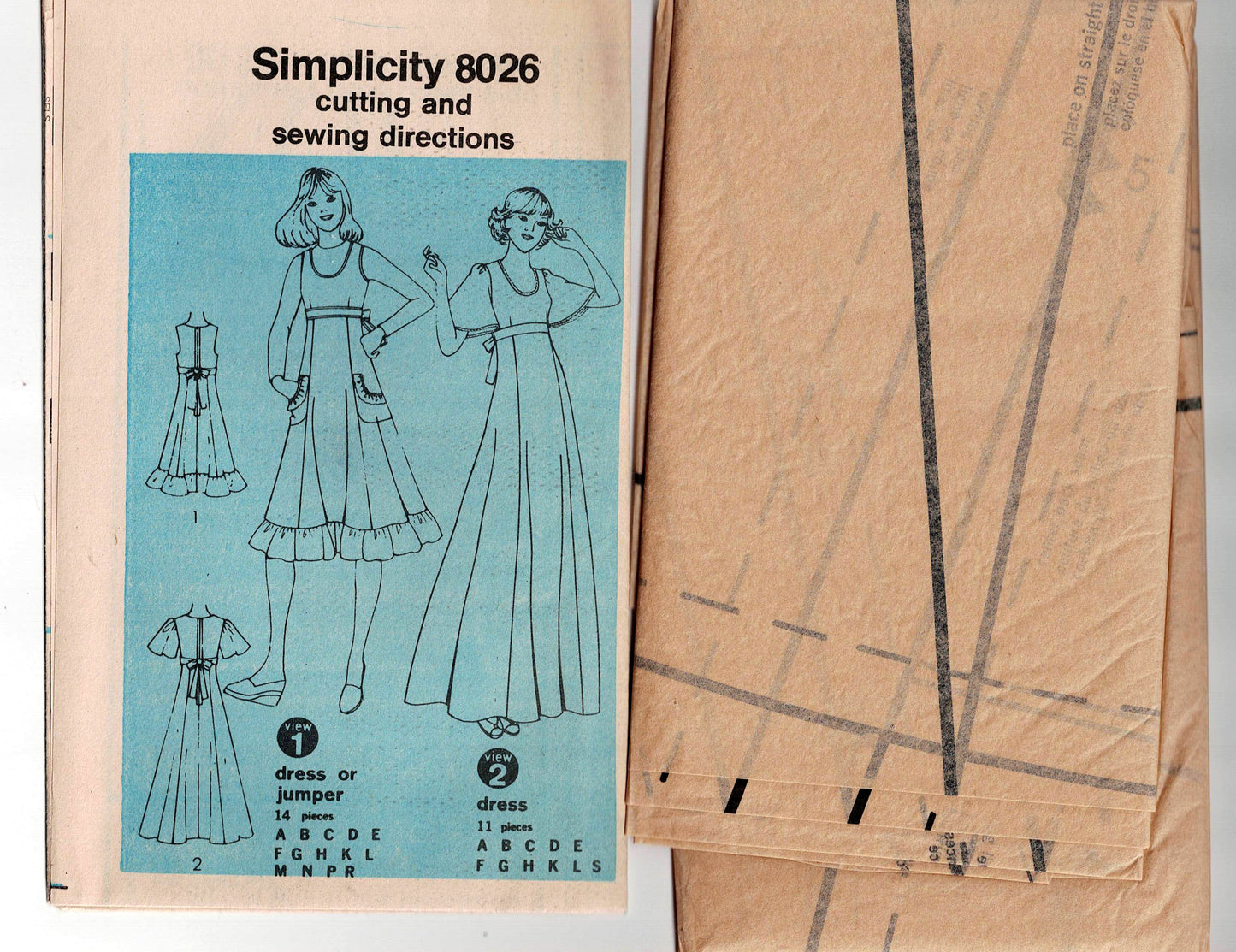 Patrón de costura vintage de los años 70 Simplicity 8026 para vestido largo con mangas abullonadas y vestido tipo jersey de cintura alta para mujer, talla 12, busto 34 pulgadas