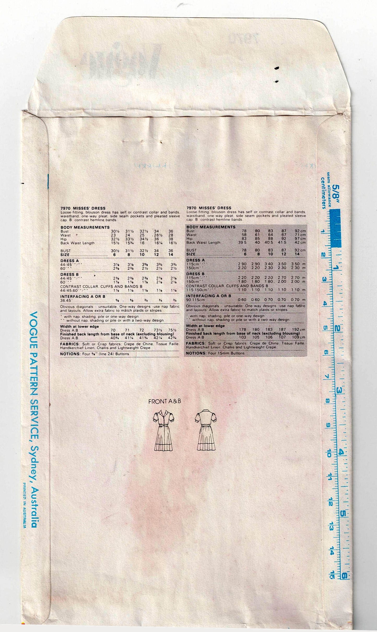Vogue 7970 Womens Puff Sleeved Blouson Dress with Pockets 1980s Vintage Sewing Pattern Size 10 Bust 32.5 inches UNCUT Factory Folded