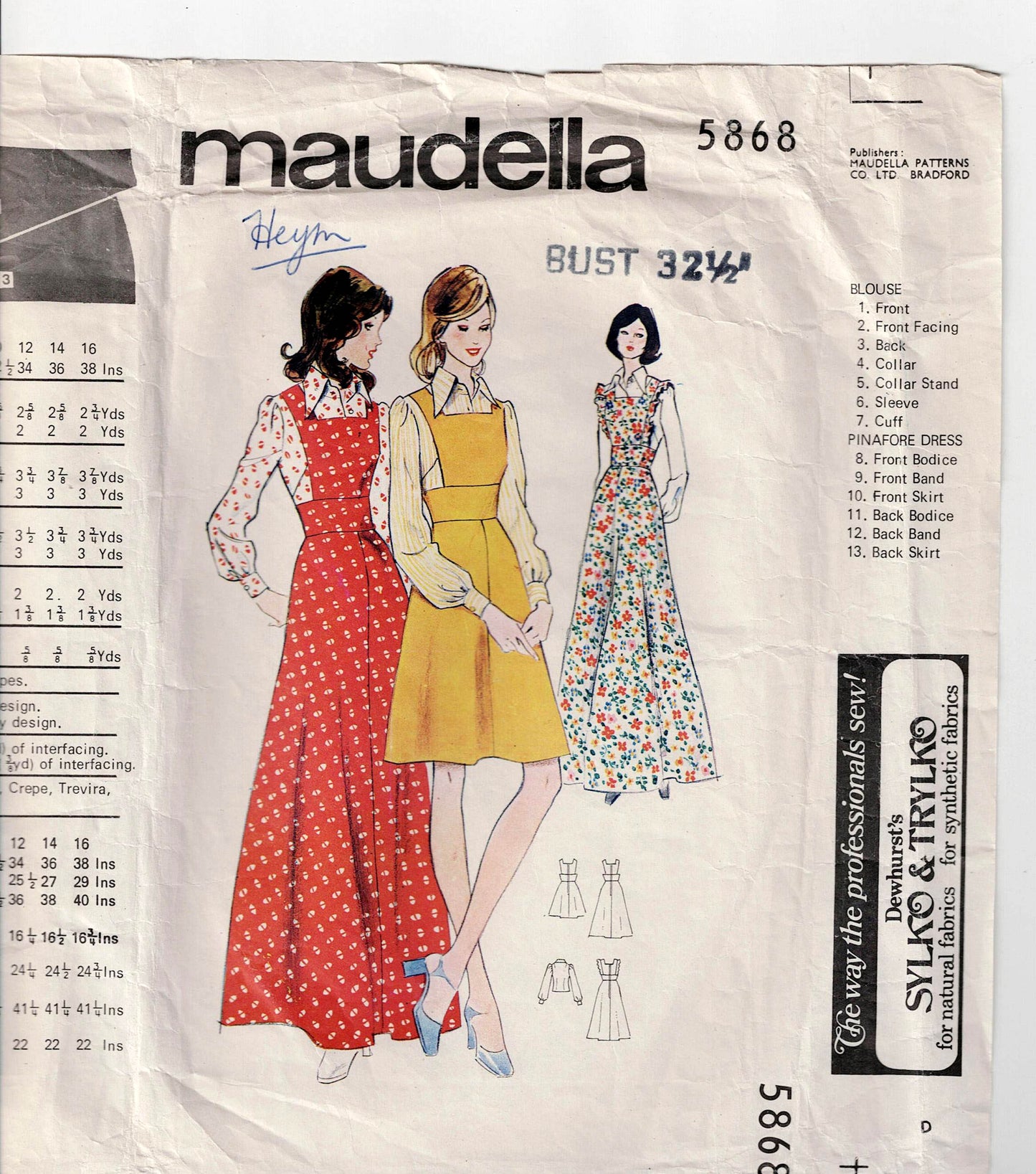 Maudella 5868 Womens Pinafore Dress & Wide Collared Blouse 1970s Vintage Sewing Pattern Size 10 UNUSED Factory Folded