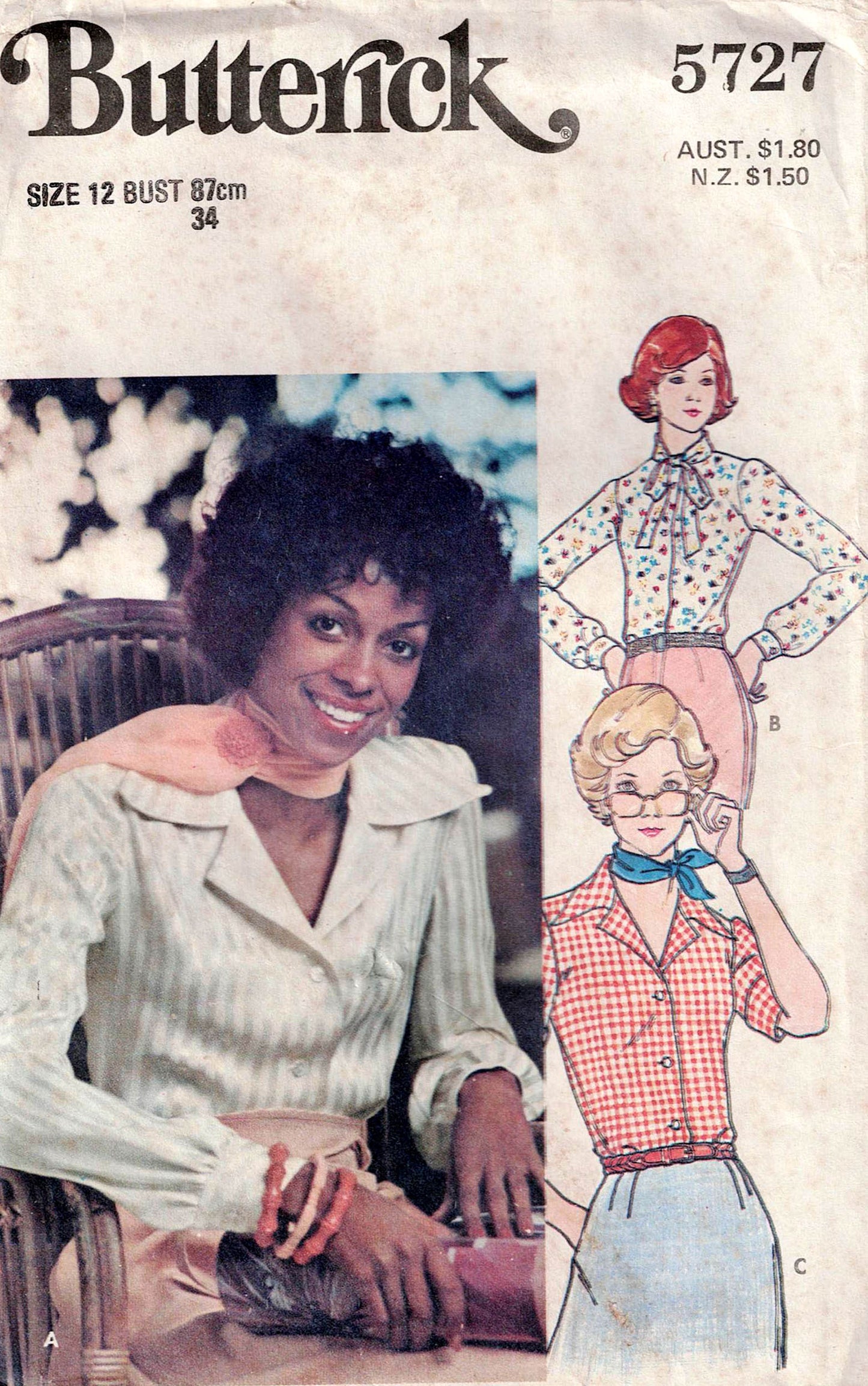 Patrón de costura Butterick 5727 EASY para blusa de cuello ancho o con lazo para mujer, estilo vintage de los años 70, talla 10, busto de 32,5 pulgadas