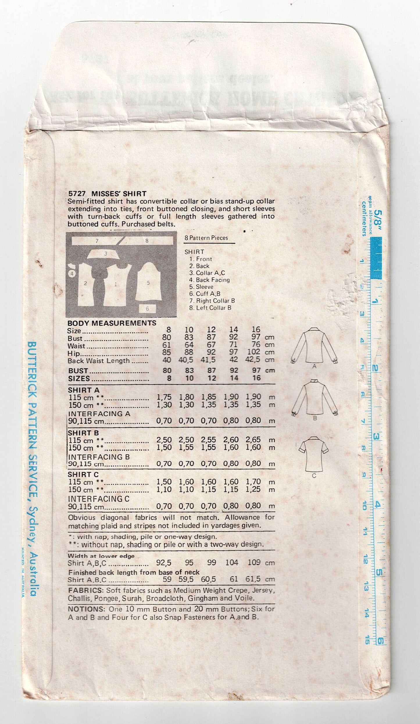 Patrón de costura Butterick 5727 EASY para blusa de cuello ancho o con lazo para mujer, estilo vintage de los años 70, talla 10, busto de 32,5 pulgadas