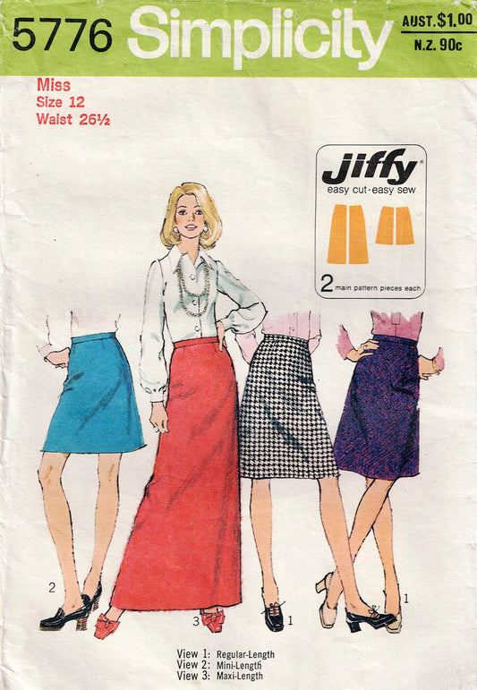 Patrón de costura vintage de los años 70 para faldas y maxifaldas JIFFY para mujer Simplicity 5776, talla 14, cintura 28 pulgadas