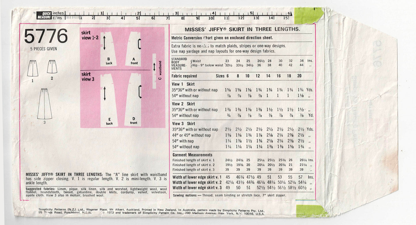 Simplicity 5776 Womens JIFFY Skirts & Maxi 1970s Vintage Sewing Pattern Size 12 Waist 26.5 Inches
