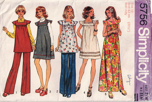 Patrón de costura vintage de los años 70 para vestido y pantalón de maternidad retro Simplicity 5756 para mujer, talla 12, busto 32,5 pulgadas