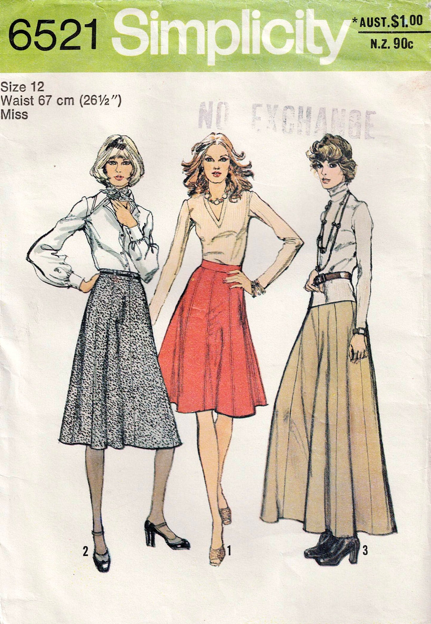 Patrón de costura vintage de los años 70 para falda o maxifalda con paneles para mujer Simplicity 6521, tallas 8, 10 o 14