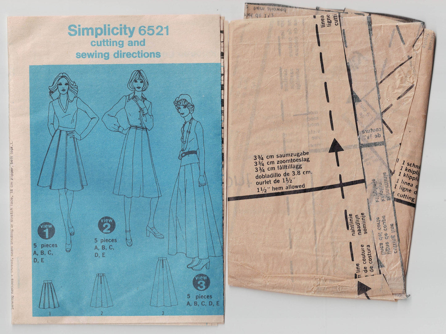 Patrón de costura vintage de los años 70 para falda o maxifalda con paneles para mujer Simplicity 6521, tallas 8, 10 o 14