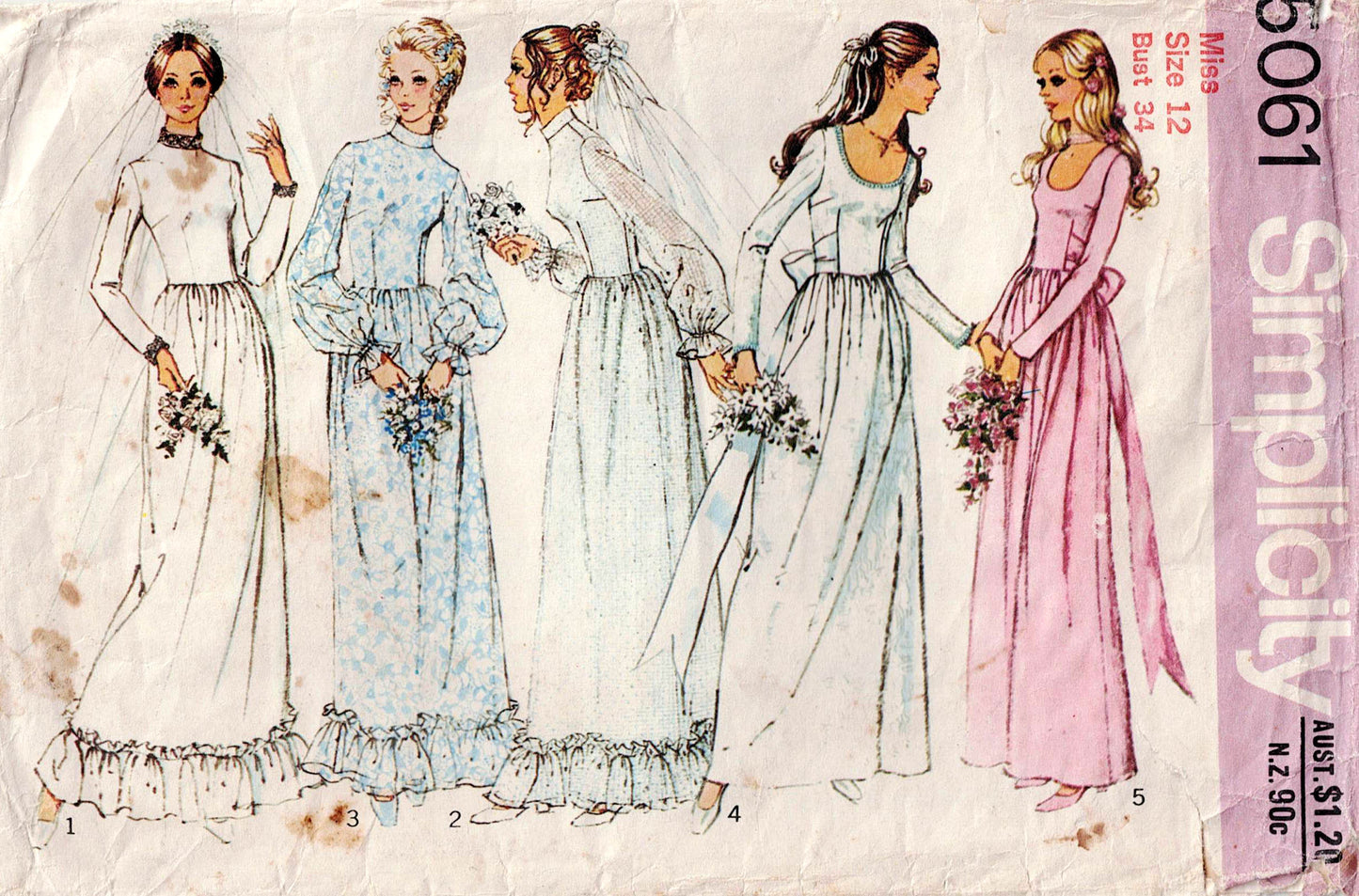 Simplicity 5061 Womens Full Skirt Ruffled Wedding or Bridesmaids Dress 1970s Vintage Sewing Pattern Size 12 Bust 34 inches