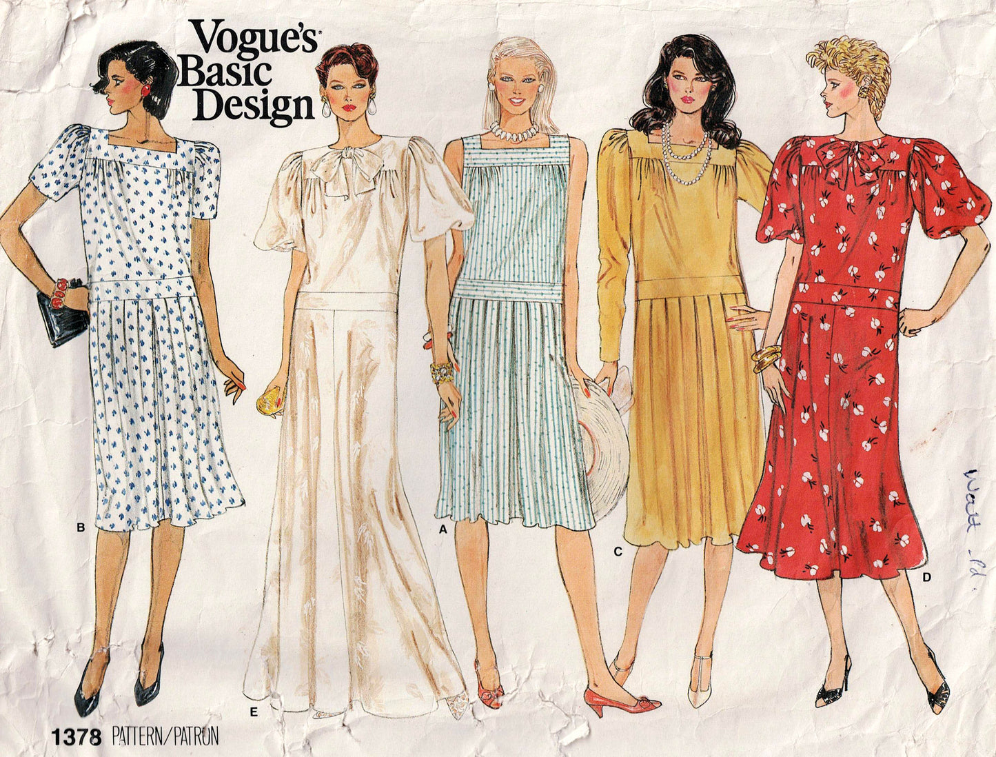 Vogue Basic Design 1378 Womens Dropped Waist Dress with Sleeve & Skirt Variations 1980s Vintage Sewing Pattern Size 8 Bust 31.5 Inches