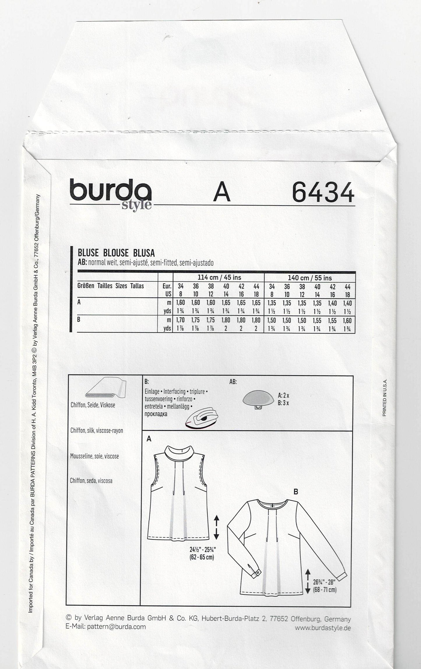 Burda 6434 Womens Pleated Pullover Tops Sewing Pattern Sizes 8 - 18 UNCUT Factory Folded