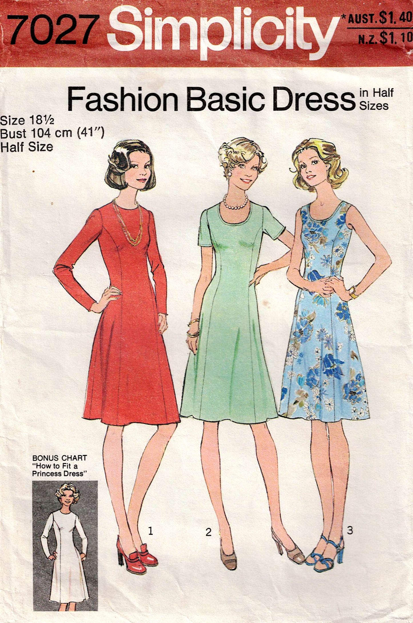 Patrón de costura básica de vestido de princesa con costura para mujer Simplicity 7027, estilo vintage de los años 70, talla media, busto de 37 pulgadas, sin cortar, pliegues de fábrica