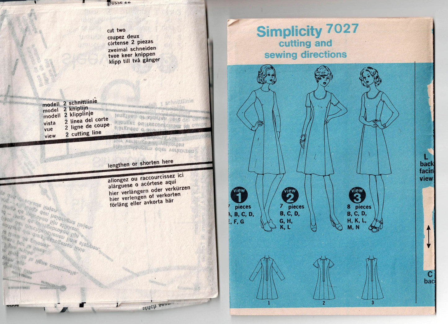 Patrón de costura básica de vestido de princesa con costura para mujer Simplicity 7027, estilo vintage de los años 70, talla media, busto de 37 pulgadas, sin cortar, pliegues de fábrica