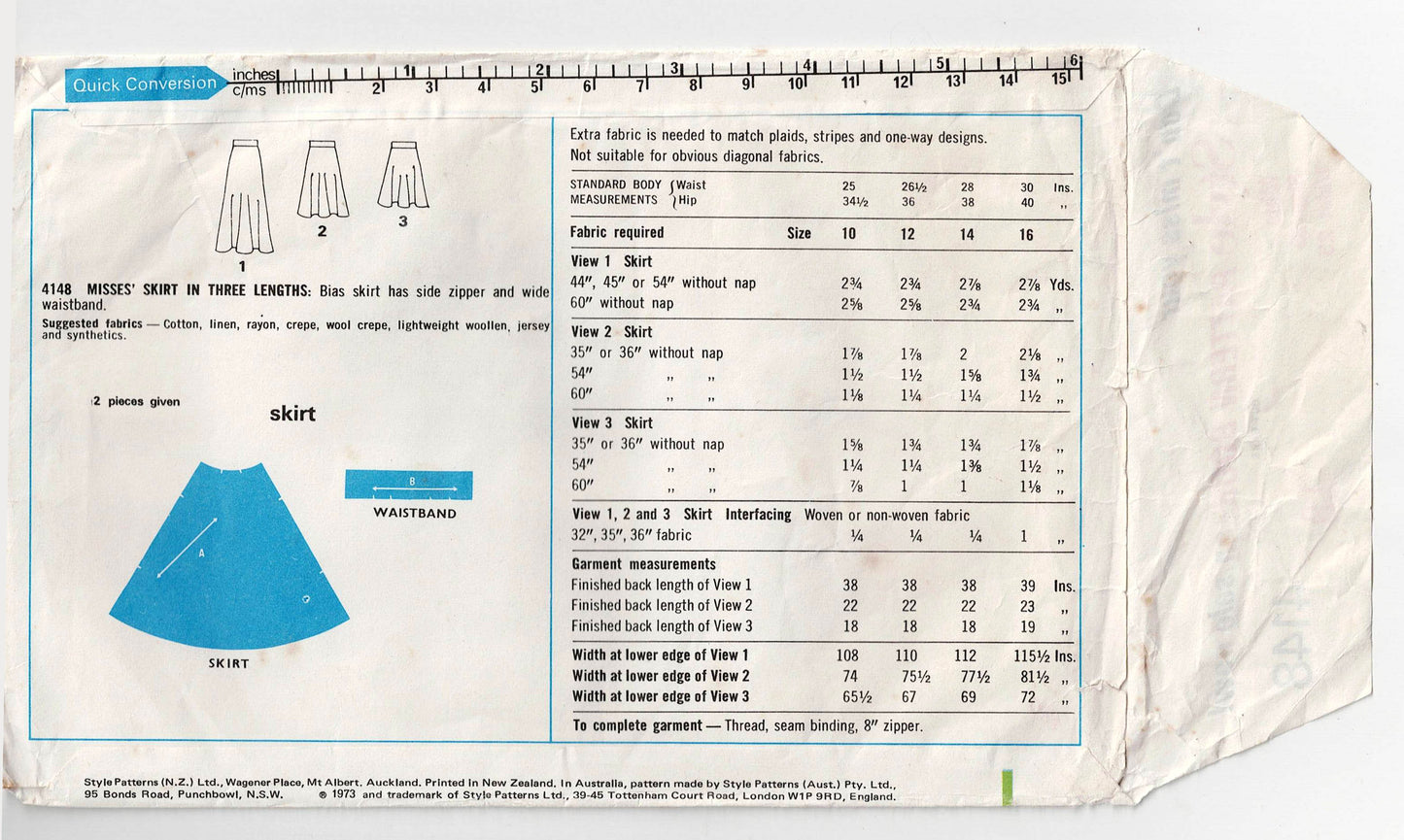 Style 4148 Womens Bias Cut Skirt in 3 Lengths 1970s Vintage Sewing Pattern Size 10 Waist 25 Inches