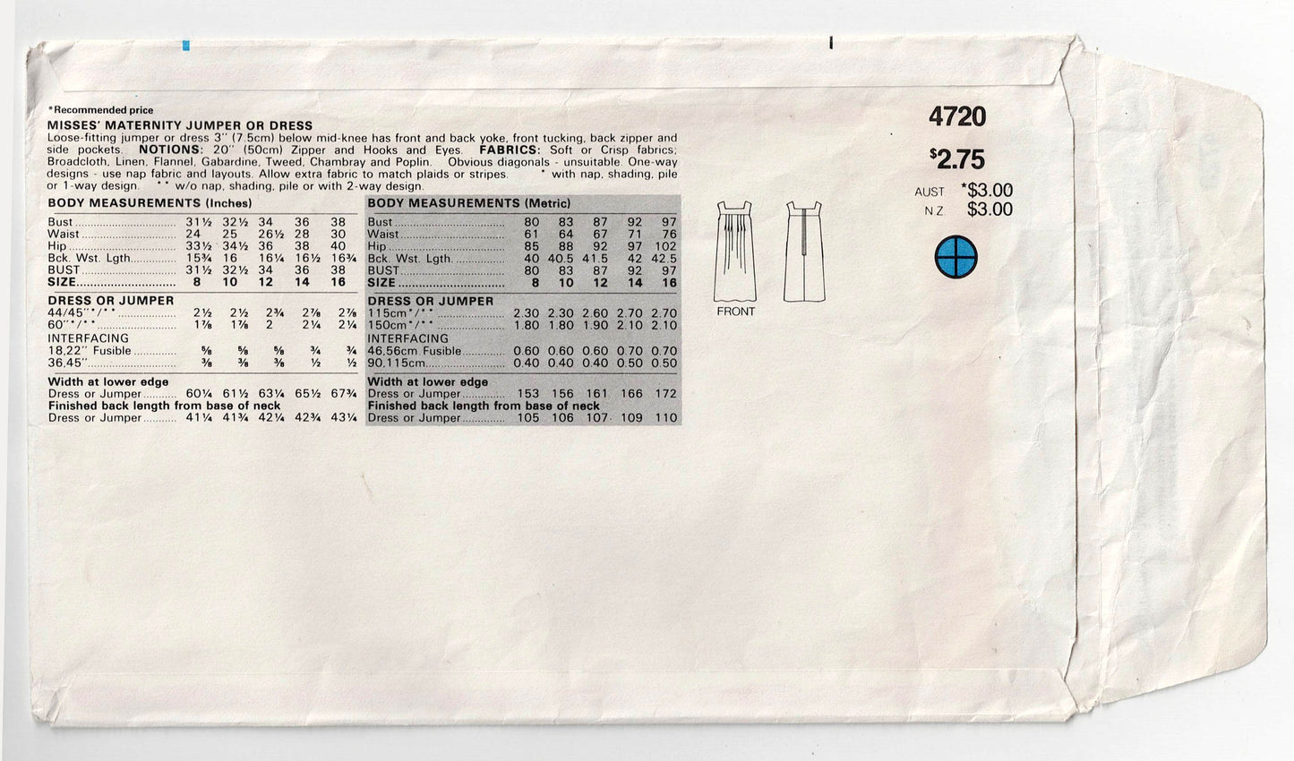 Butterick 4720 Maternity Dress or Pinafore 1980s Vintage Sewing Pattern Size 12 Bust 34 inches