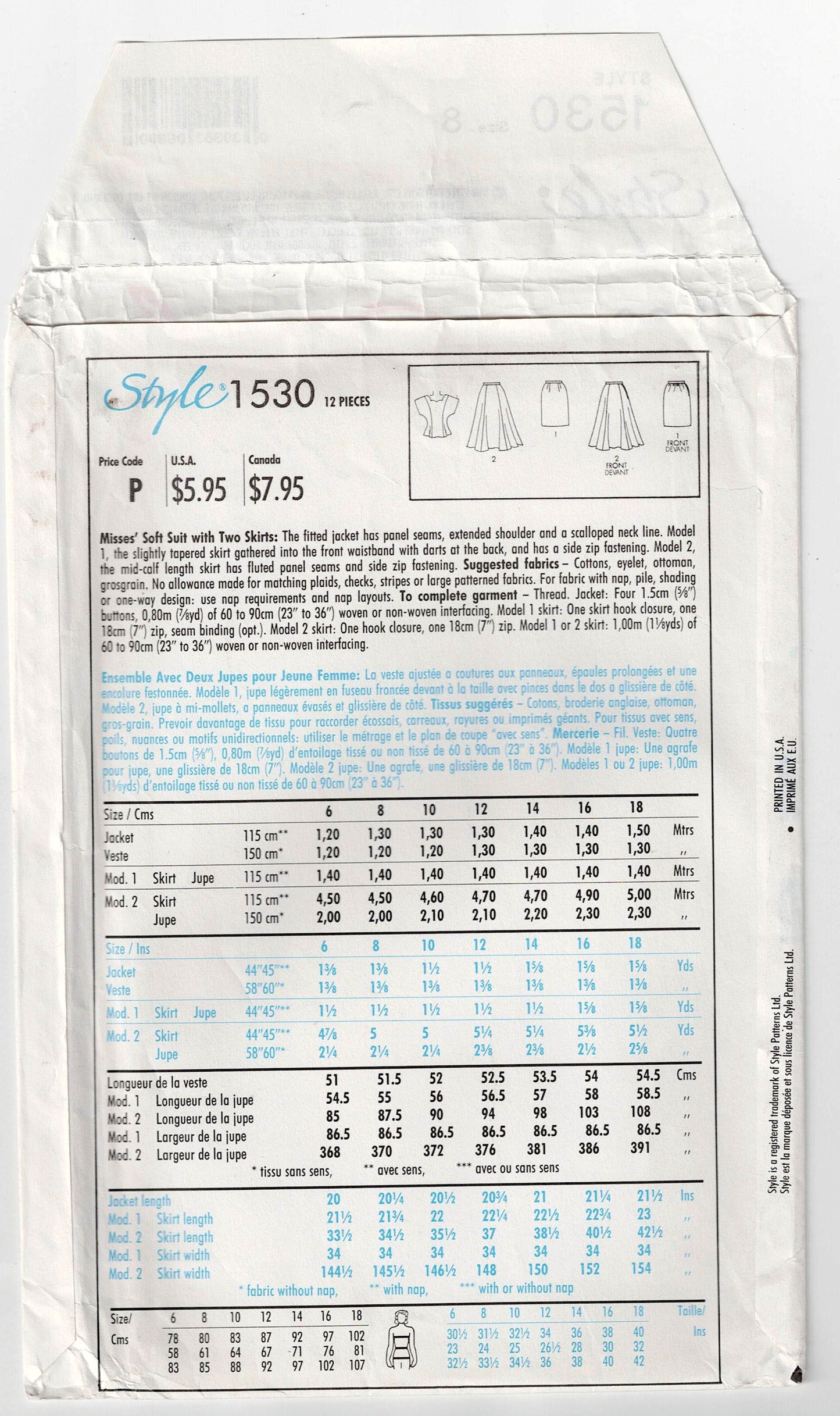 Patrón de costura vintage de los años 1980, chaqueta festoneada y falda acampanada o tubo, estilo 1530, para mujer, talla 12, busto de 34 pulgadas, sin cortar, doblado de fábrica