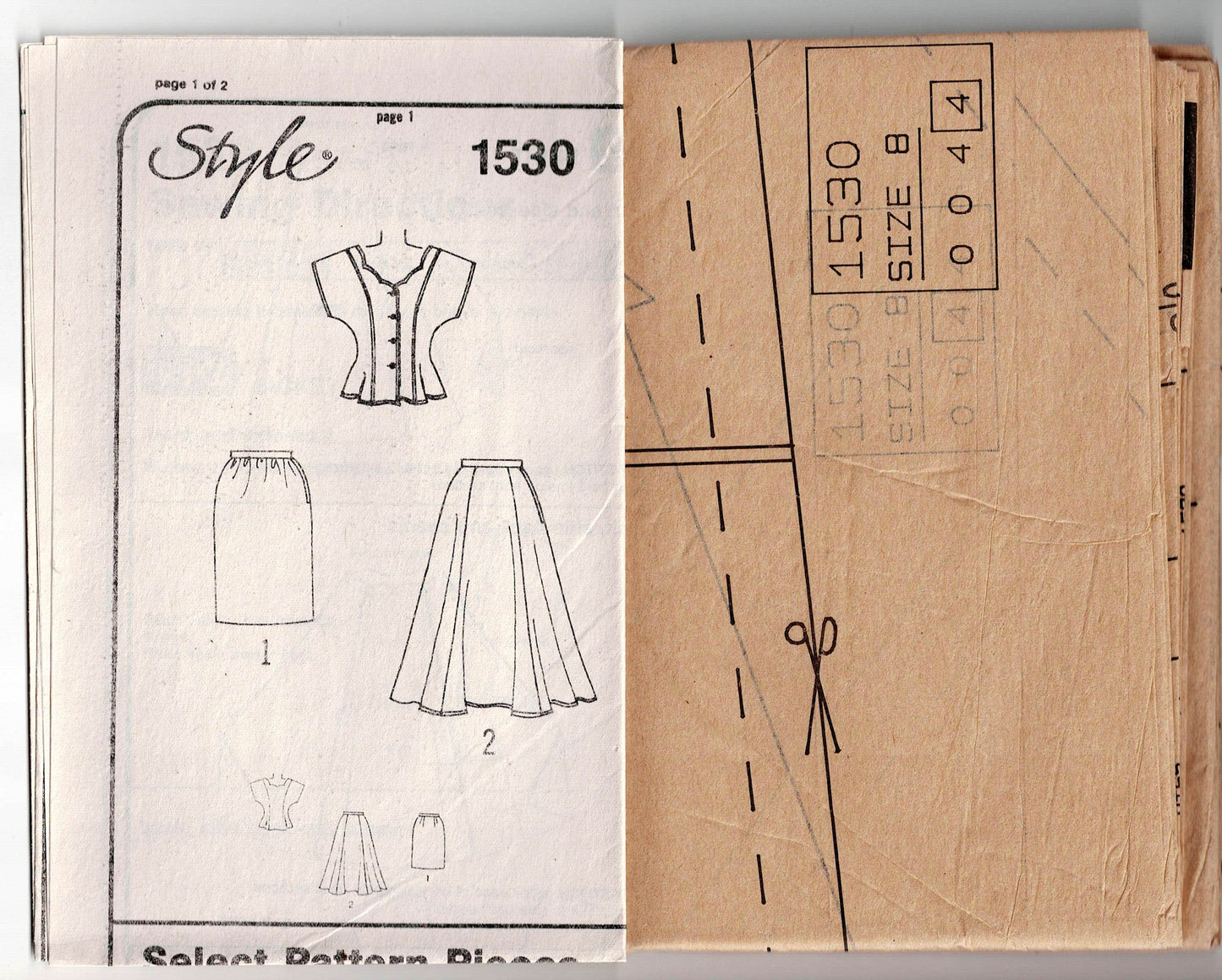 Patrón de costura vintage de los años 1980, chaqueta festoneada y falda acampanada o tubo, estilo 1530, para mujer, talla 12, busto de 34 pulgadas, sin cortar, doblado de fábrica