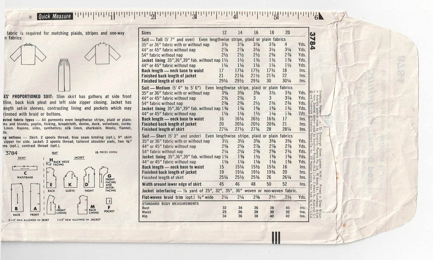 Simplicity 3784 Womens Proportioned Suit with Pencil Skirt 1960s Vintage Sewing Pattern Size 16 Bust 36 inches