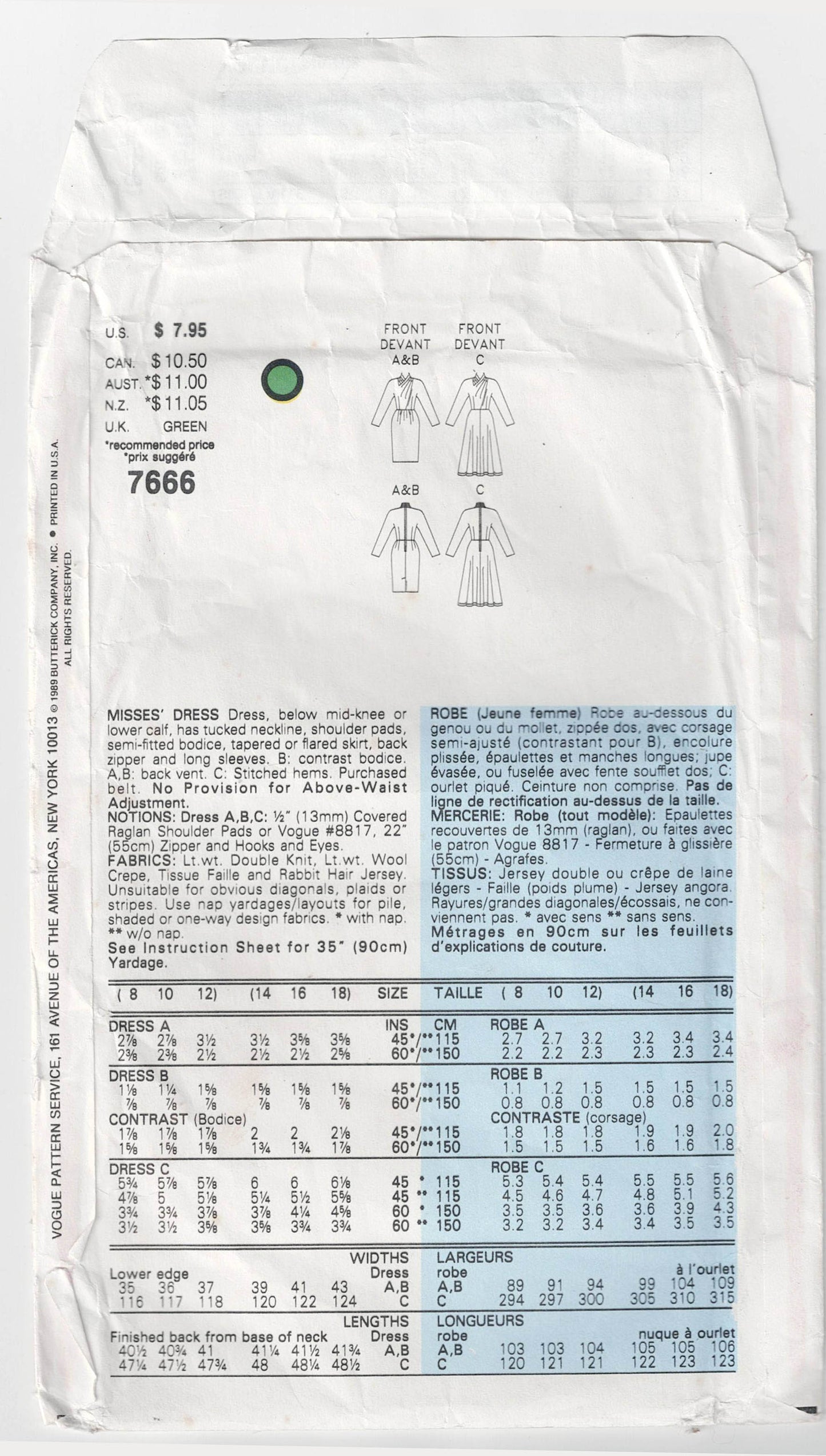 Vogue 7666 Womens Dress with Tucked Neckline 1980s Vintage Sewing Pattern Size 8 - 12 UNCUT Factory Folded
