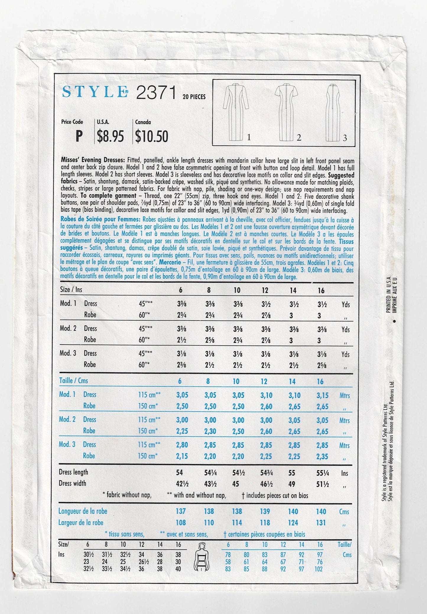 Patrón de costura para vestidos de noche estilo cheongsam clásico para mujer, estilo 2371, años 90, talla 6 a 16, sin cortar, doblado de fábrica