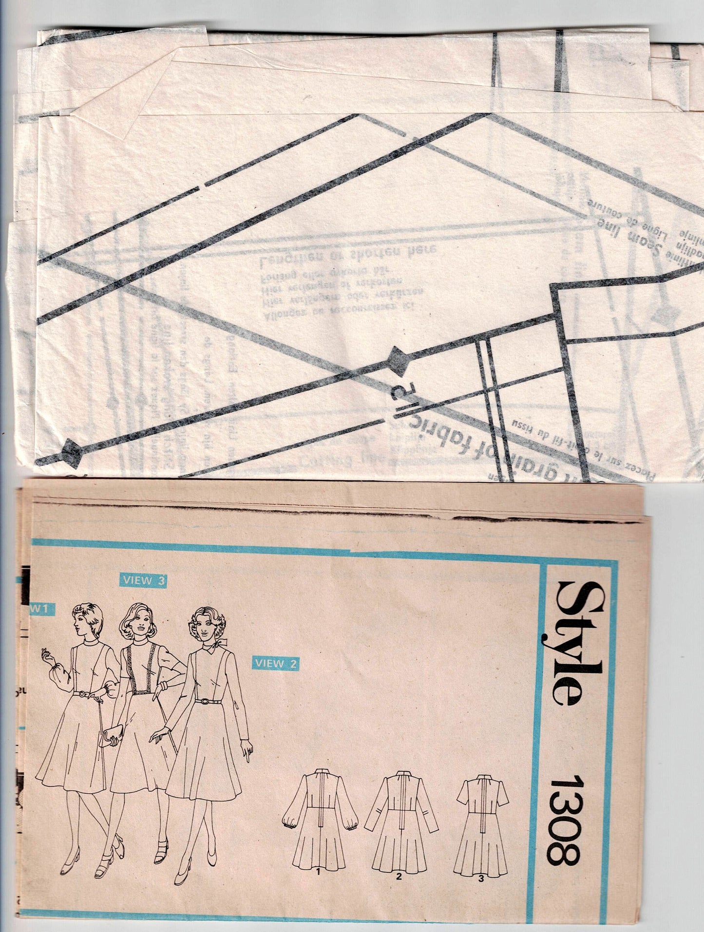 Patrón de costura vintage de los años 70 para vestido ajustado y acampanado con bloques de color, estilo 1308, para mujer, tallas 18 y 20