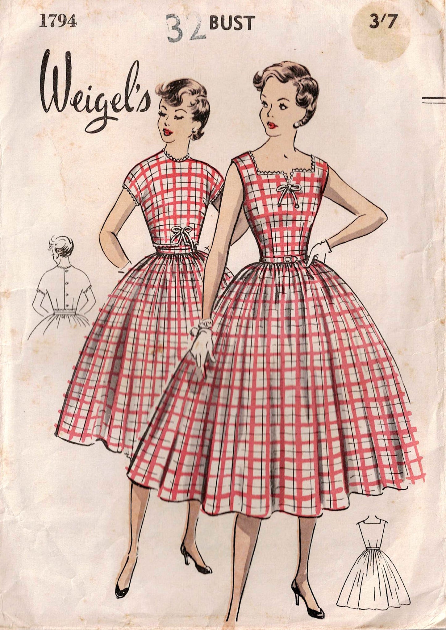 Patrón de costura vintage de los años 50 para vestido de falda amplia y bolero con botones en la espalda para mujer de Weigel 1794, busto de 34 pulgadas, pliegues de fábrica SIN USAR