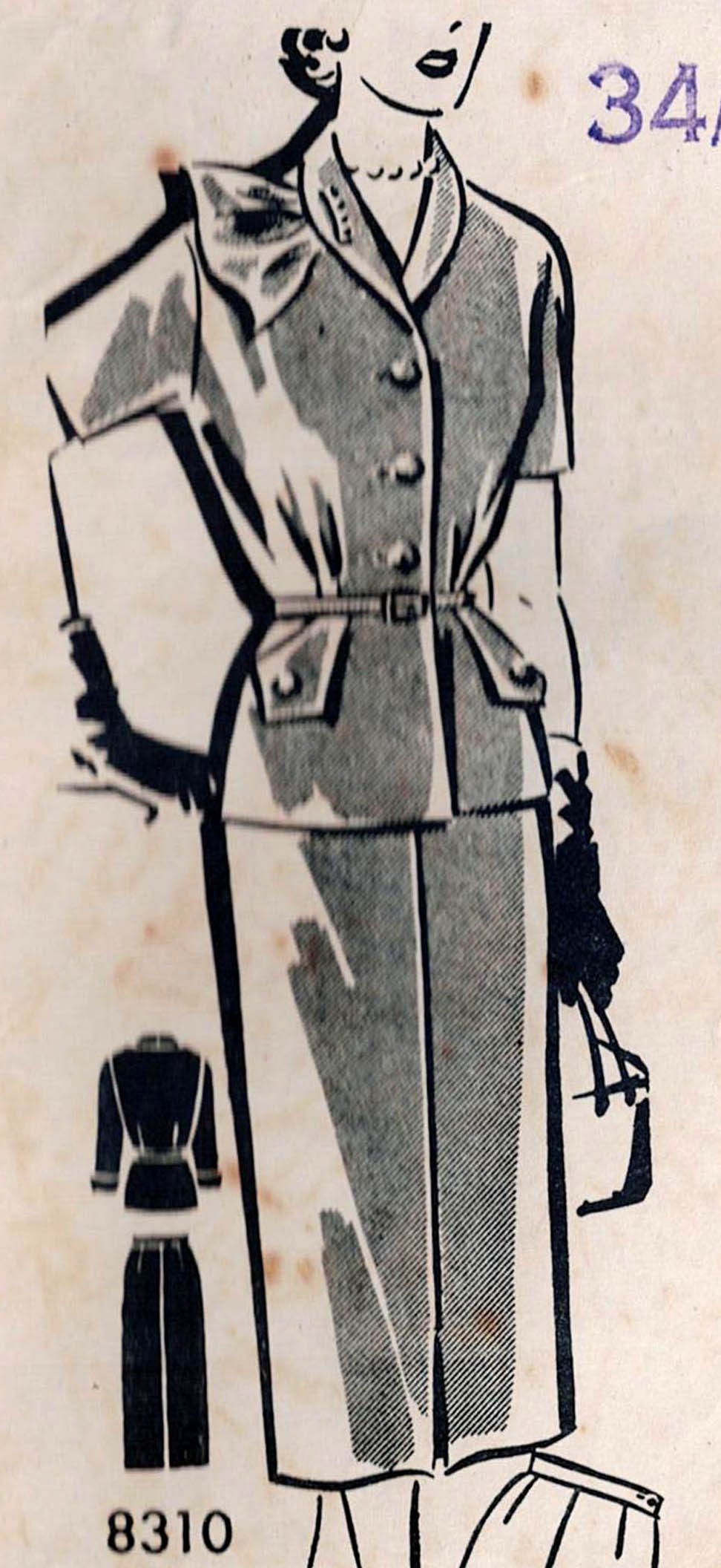 Sew-Rite 8310 RARE Womens Pencil Skirt Suit Jacket with Asymmetric Scarf & Pocket Detail 1950s Vintage Sewing Pattern Bust 34 - 36 inches UNUSED Factory Folded
