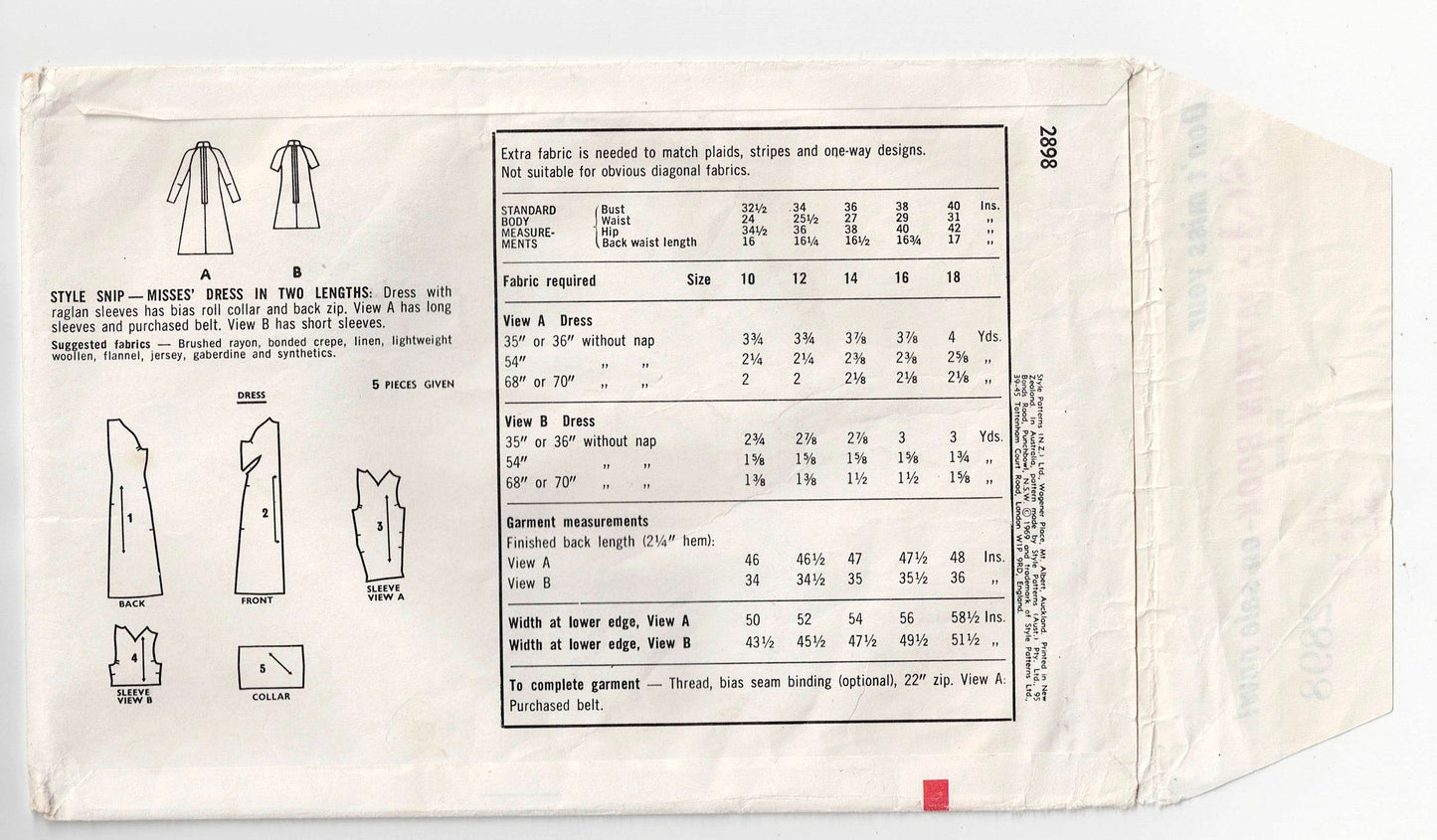 Style 2898 Womens Raglan Sleeved Bias Collar Mini or Midi Dress 1960s Vintage Sewing Pattern Size 14 Bust 36 inches