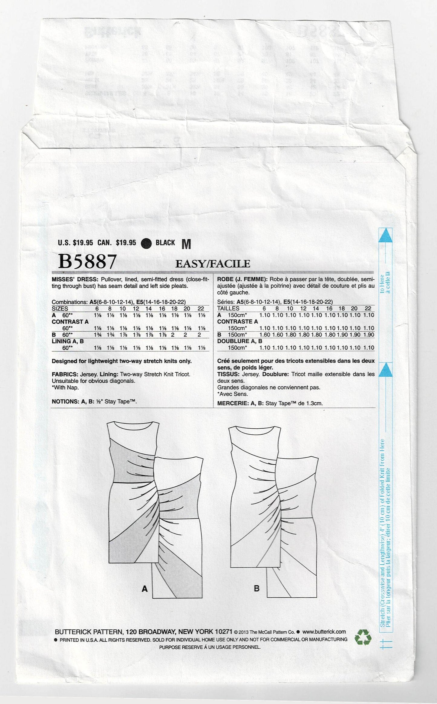 Butterick 5887 MUSE Womens Stretch Asymmetric Colour Blocked Dress Out Of Print Sewing Pattern Sizes 14 - 22 UNCUT Factory Folded
