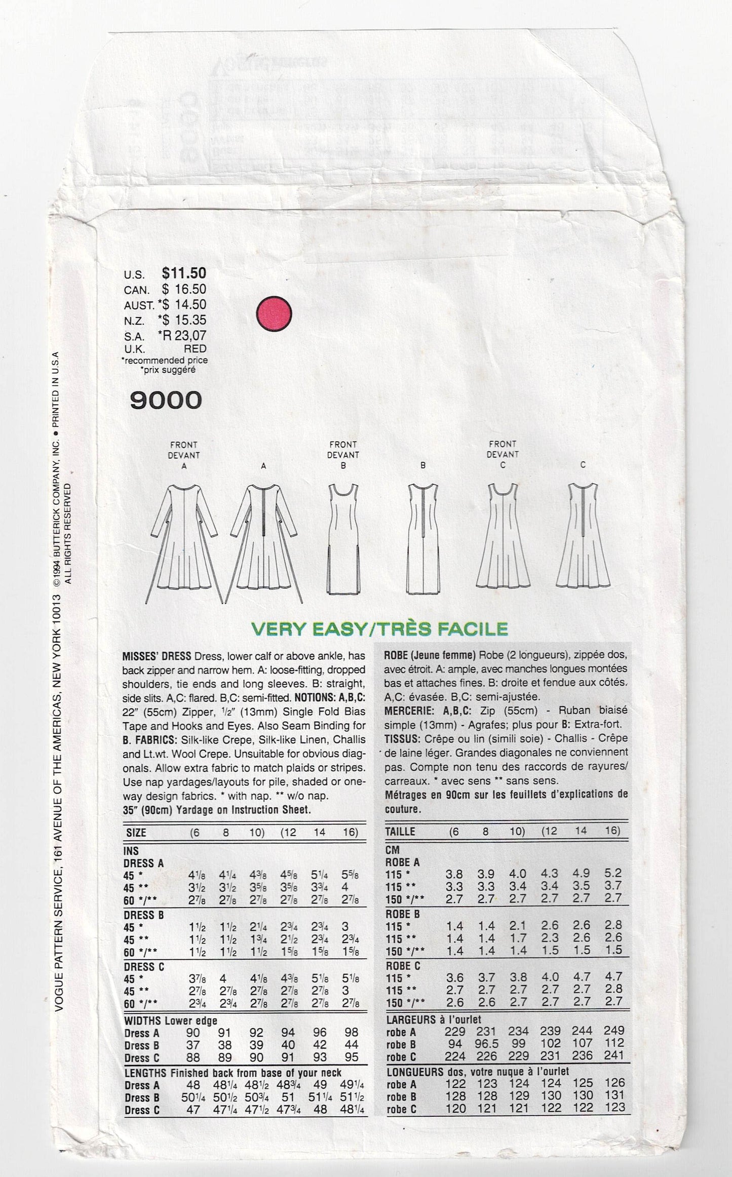 Vogue 9000 Womens Loose Fitting Sundress 1990s Vintage Sewing Pattern Size 12 - 16 UNCUT Factory Folded