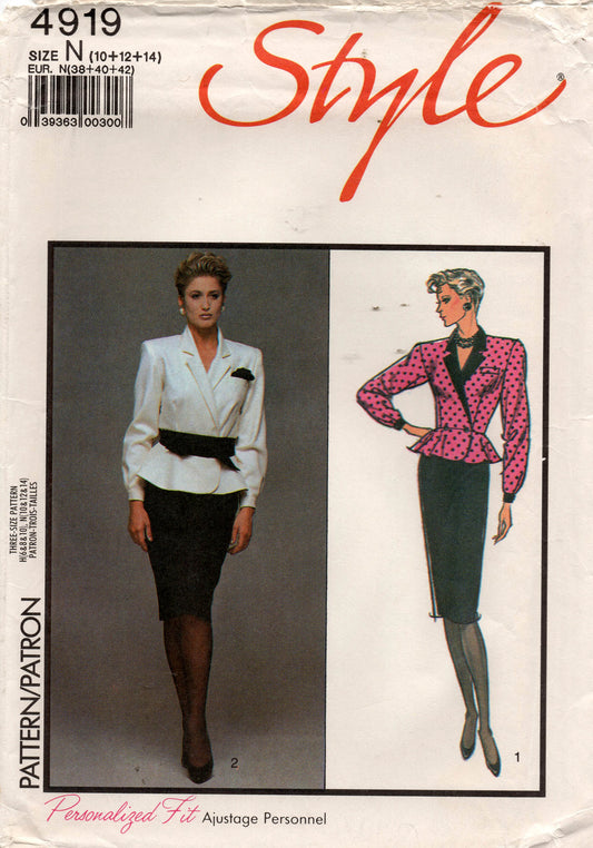 Patrón de costura vintage de los años 80, estilo 4919, para mujer, top y falda cruzados con peplum, 10-14, sin cortar, doblado de fábrica