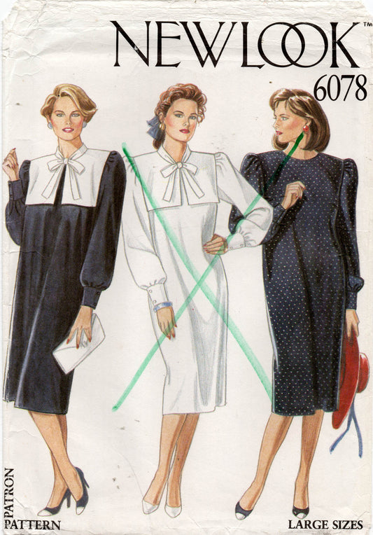 Patrón de costura vintage de los años 80 para vestido de mujer New Look 6078 de talla grande con cuello desmontable, talla 18-28, sin cortar, doblado de fábrica