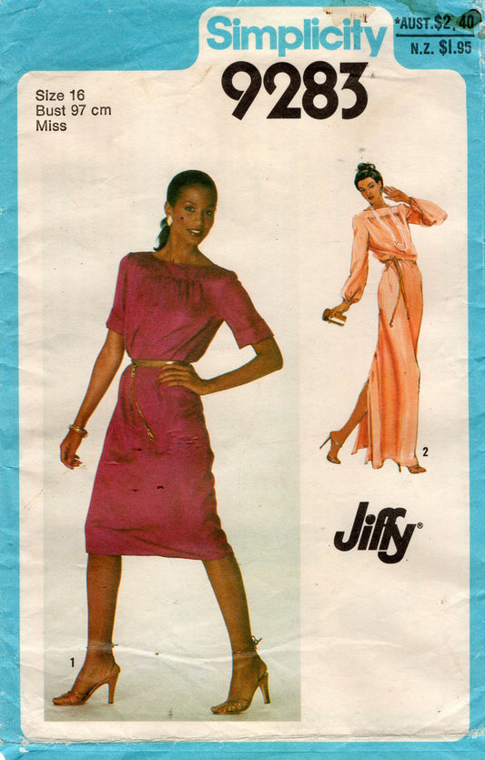 Patrón de costura vintage de los años 70 para vestido o jersey JIFFY de Simplicity 9283 para mujer, talla 16, busto de 38 pulgadas
