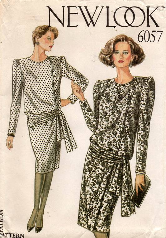 Patrón de costura vintage de los años 80 para vestido asimétrico con botones y cintura caída New Look 6057, talla 8-18, doblado de fábrica y sin cortar