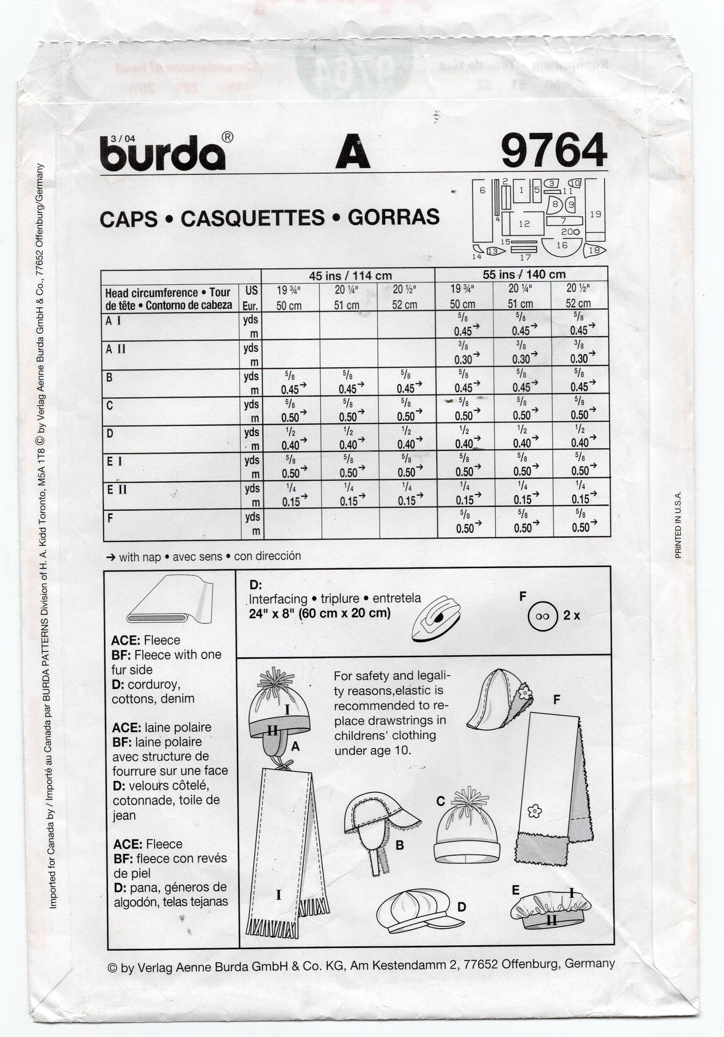 Burda 9764 Childrens Winter Hats & Scarves Out Of Print Sewing Pattern UNCUT Factory folded