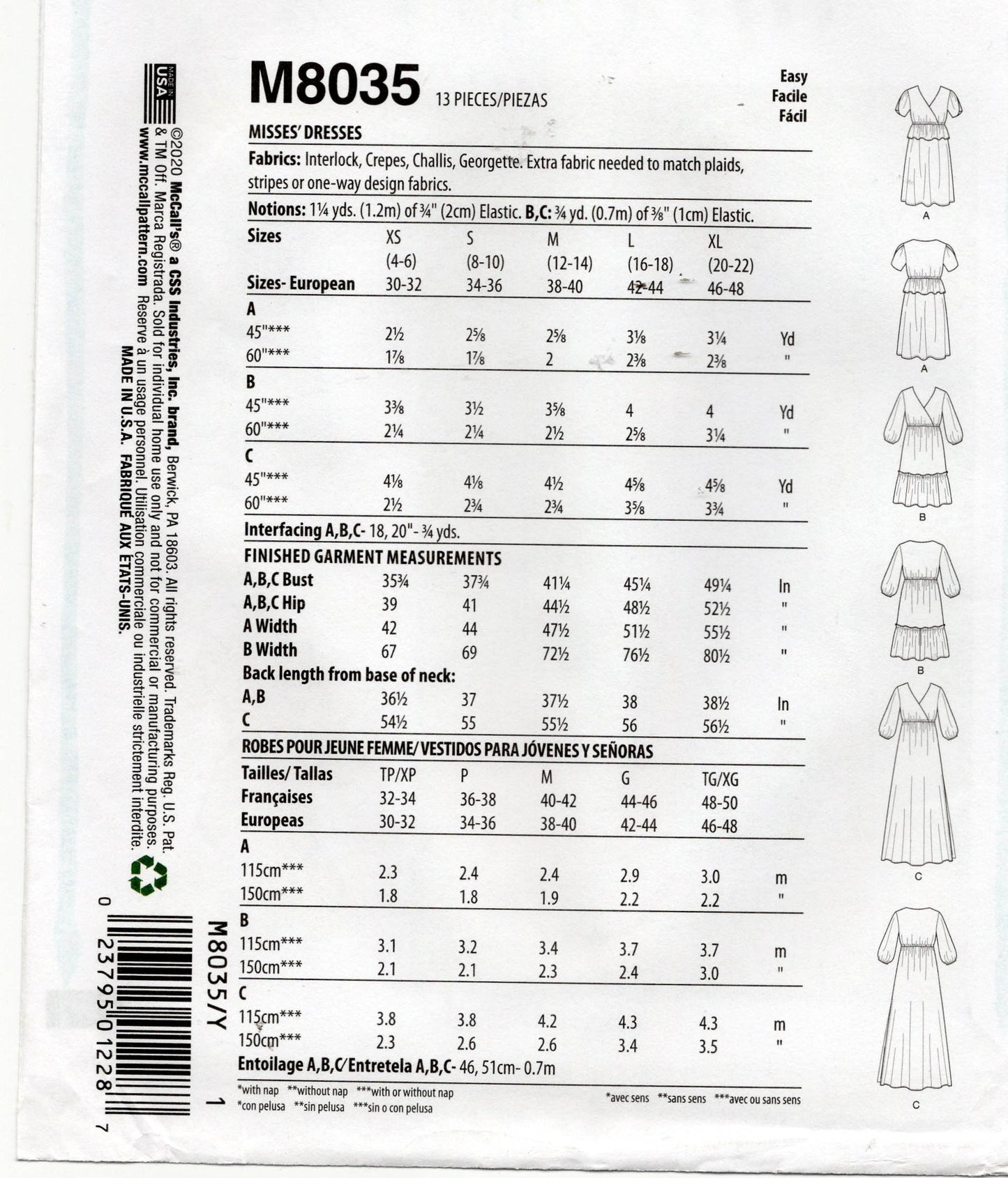 Patrón de costura para vestidos con falda escalonada y cuerpo cruzado para mujer M8035 de McCall, tallas XS a M, sin cortar, doblado de fábrica