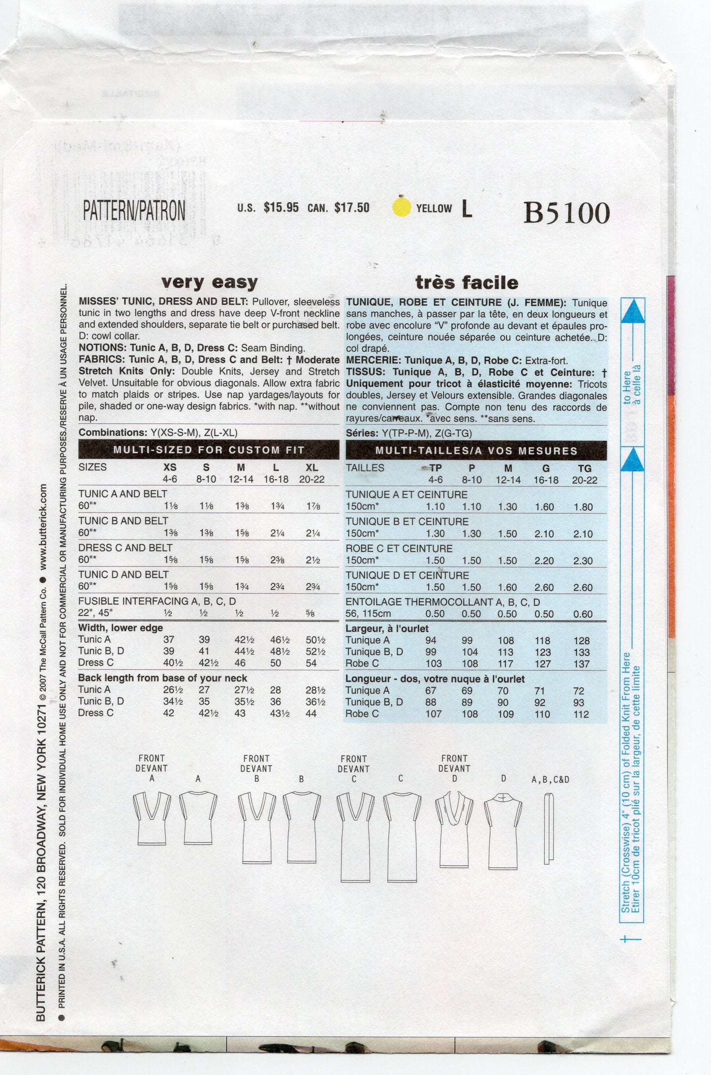 Butterick B5100 Womens EASY Stretch Tunic Dress & Belt Out Of Print Sewing Pattern Size XS - M UNCUT Factory Folded