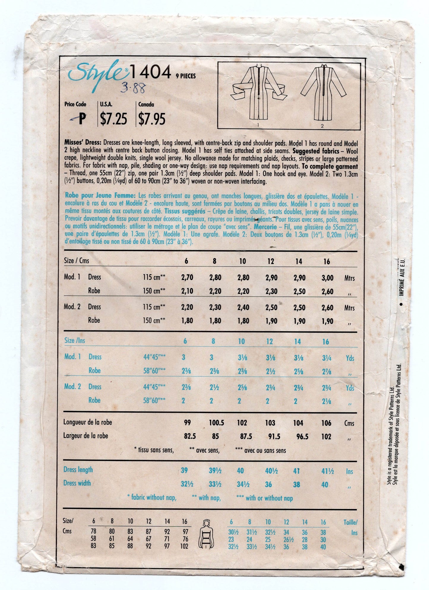 Patrón de costura vintage de los años 80, 12-16, sin cortar, doblado de fábrica, estilo 1404, vestido con paneles y cinturón de lazo opcional para mujer