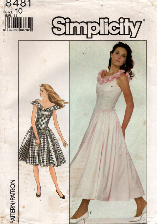 Patrón de costura vintage de los años 80 para vestido de noche con falda amplia Simplicity 8481 para mujer, talla 10, busto 32,5 pulgadas