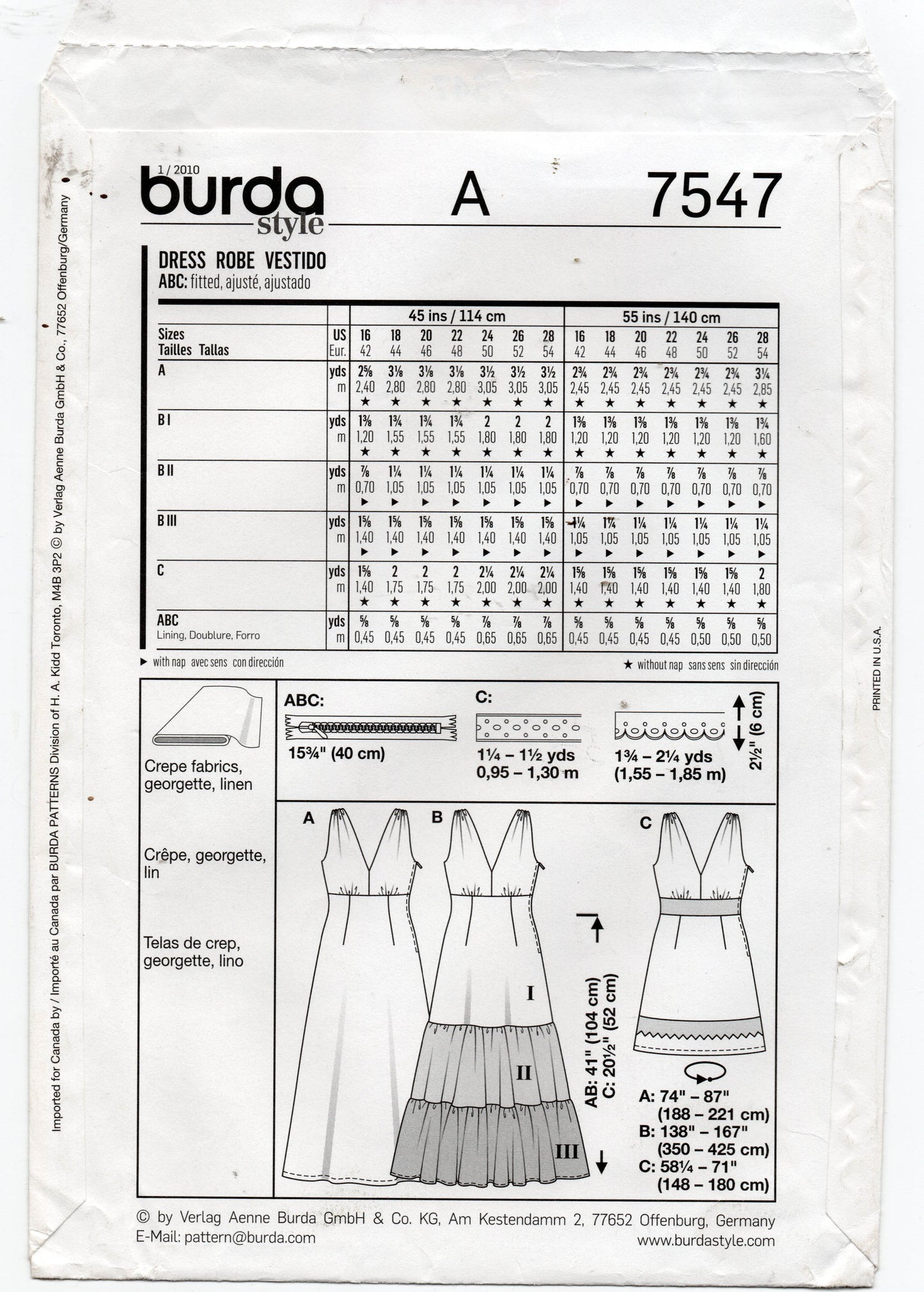 Burda 7547 Womens Plus Sized Tiered Sundresses Out Of Print Sewing Pattern Sizes 16 - 28 UNCUT Factory Folded