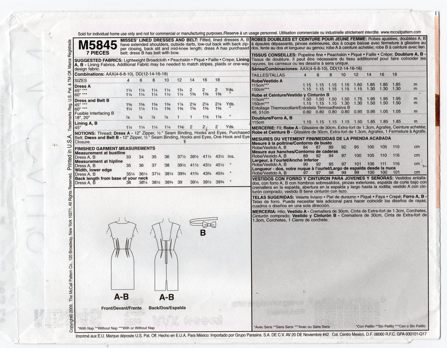 McCall's 5845 Womens Lined Dress with Outside Darts & Belt Out Of Print Sewing Pattern Sizes 4 - 10 UNCUT Factory Folded