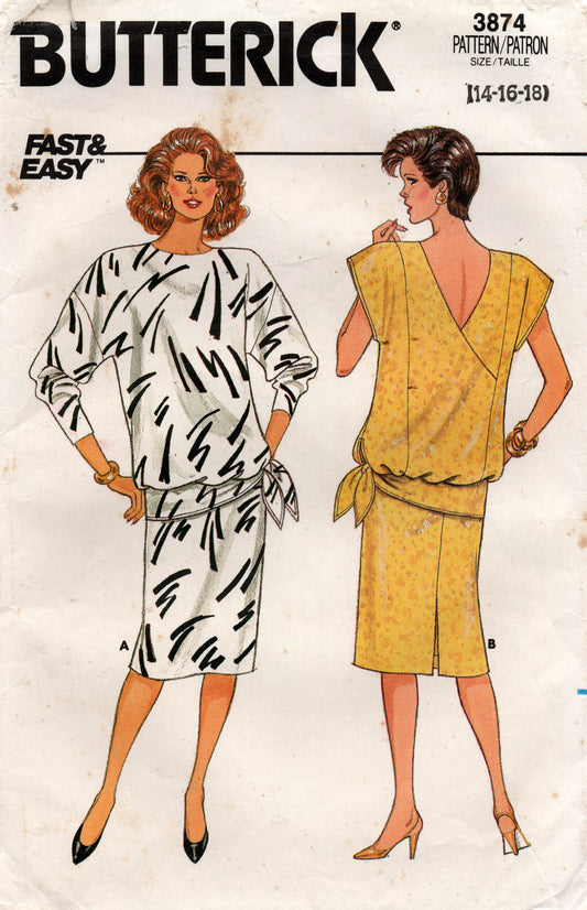 Butterick 3874 Womens Back Wrap Blouse & Skirt 1980s Vintage Sewing Pattern Size 14 Bust 36 inches