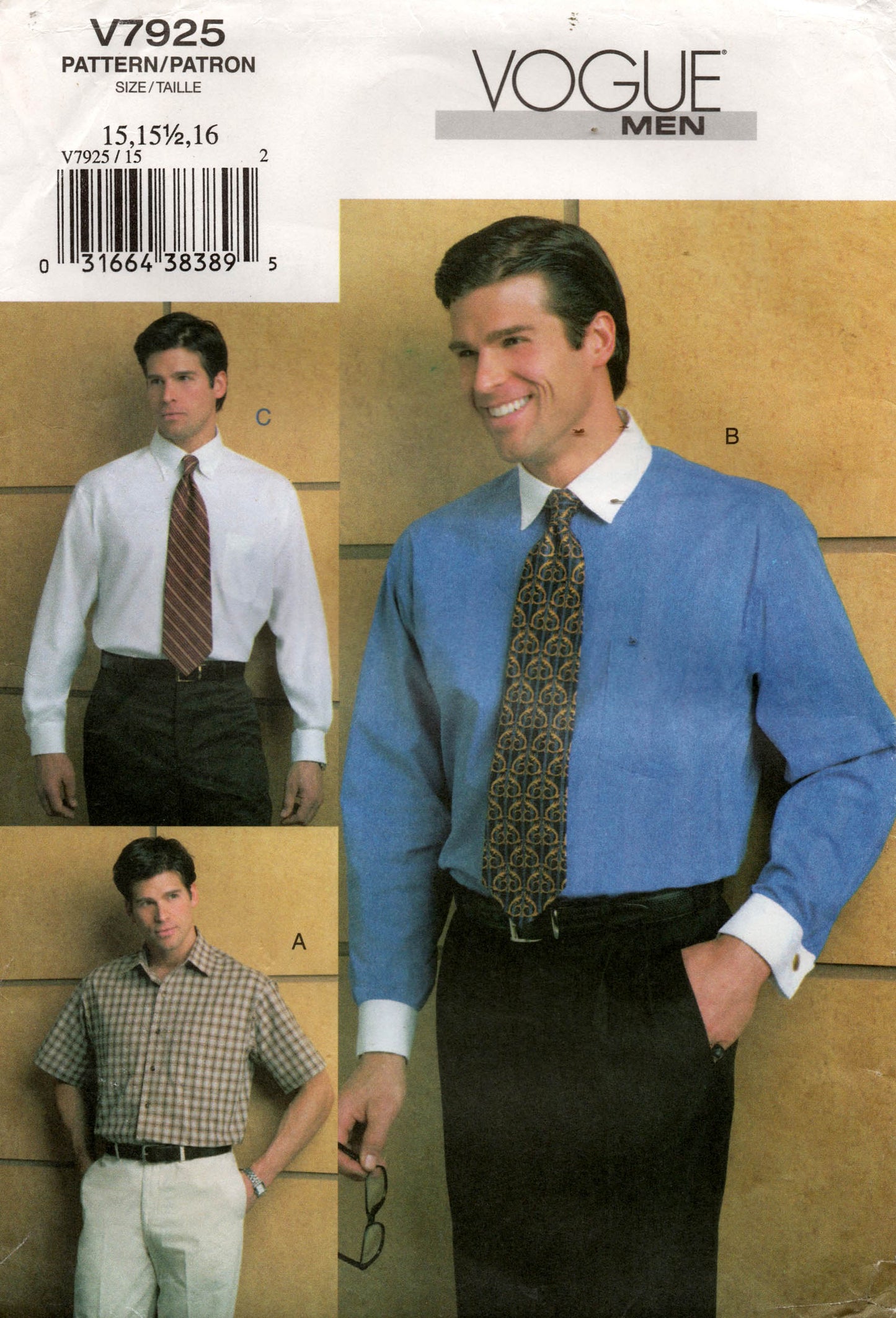 Patrón de costura agotado para camisas de negocios clásicas para hombre Vogue V7925, sin cortar, varios tamaños, dobladas en fábrica