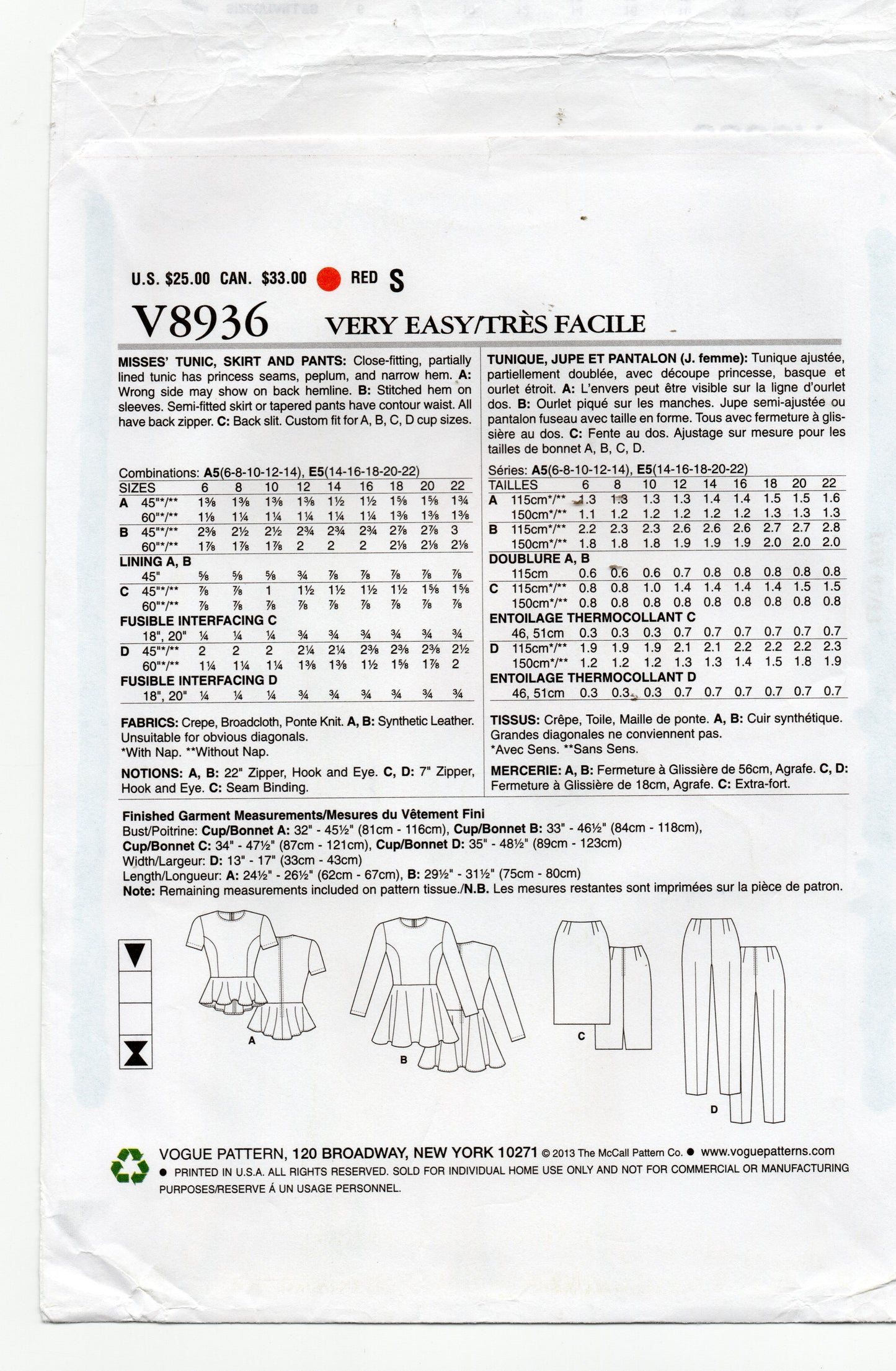 Very Easy Vogue V8936 Womens Custom Fit Peplum Tunic Top Skirt & Pants Out Of Print Sewing Pattern Size 14 - 22 UNCUT Factory Folded