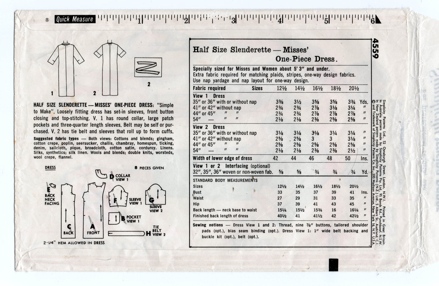 Simplicity 4559 Womens Half Size Shirtdress 1960s Vintage Sewing Pattern Size Bust 35 or 39 inches