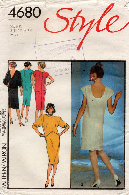 Patrón de costura vintage de los años 80 para vestido de talle bajo para mujer, estilo 4680, talla 8 a 12, sin cortar, doblado de fábrica