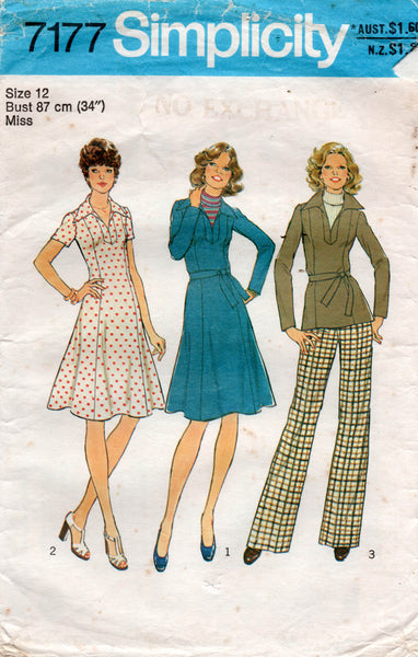 Simplicity 7177 Womens Wide Collar Dress or Top & Pants 1970s Vintage
