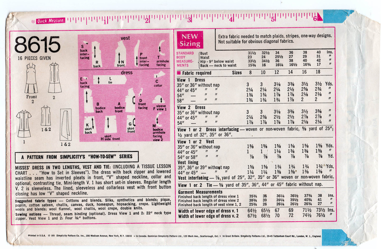 Simplicity 9724 Womens Pullover Shirtdress with Pockets 1980s Vintage Sewing Pattern Size 12 Bust 34 inches