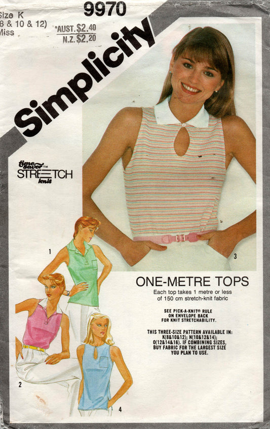 Simplicity 9970 Womens Stretch Pullover One Metre Tops 1980s Vintage Sewing Pattern Size 10