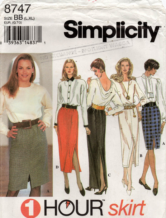 Patrón de costura vintage de los años 90 para faldas ajustadas para mujer Simplicity 8747, tallas L, XL, sin cortar, doblado de fábrica