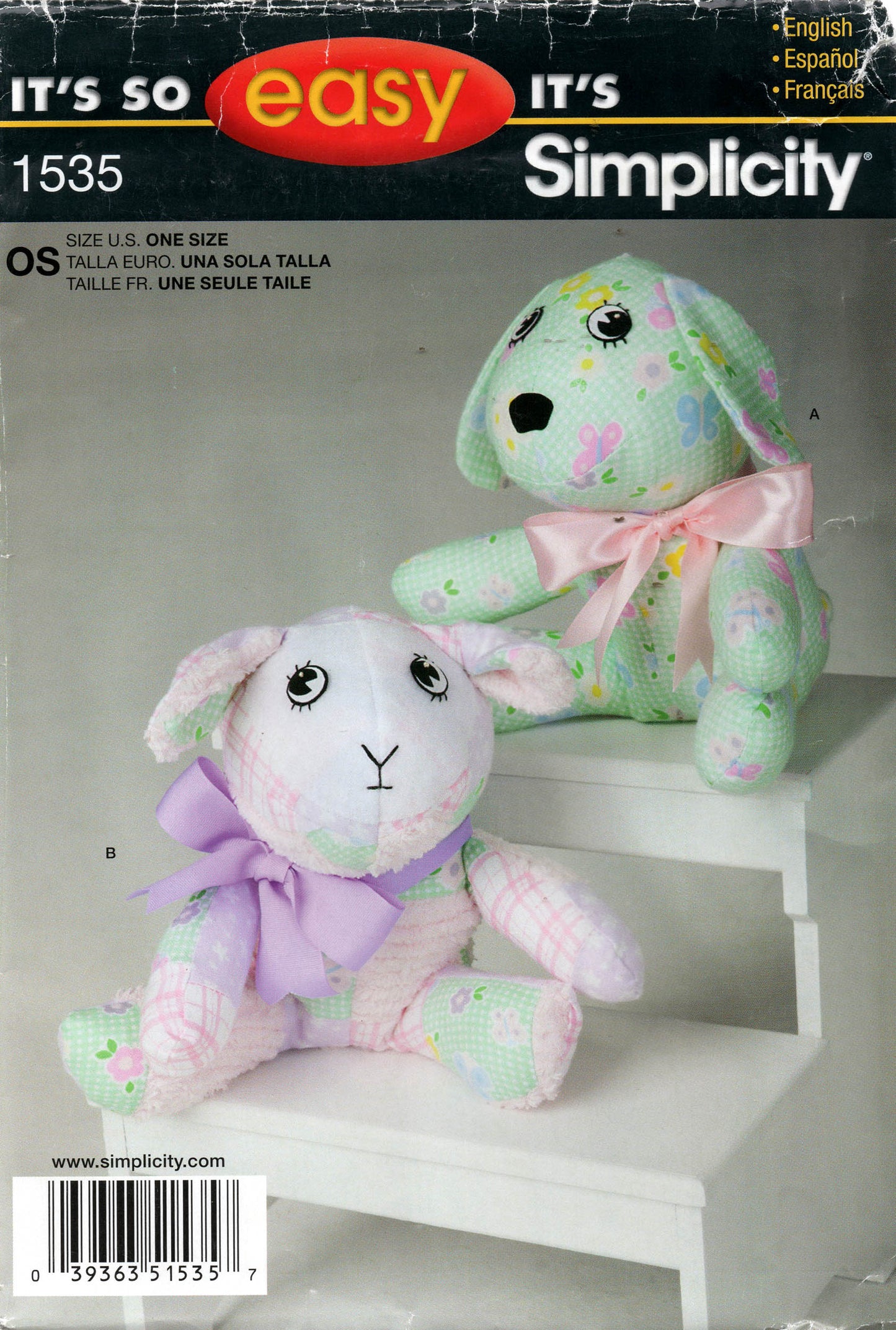 Simplicity 1535 Stuffed Soft Toys Lamb & Puppy Dog Out Of Print Sewing Pattern UNCUT Factory Folded